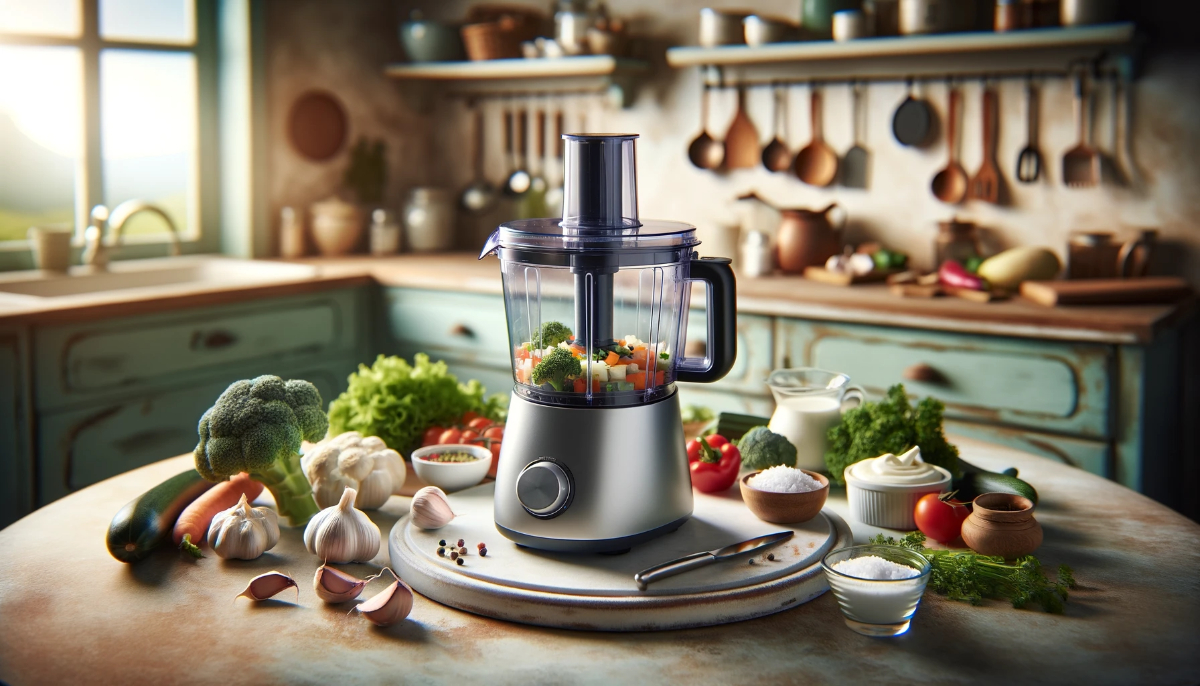 A Mini Food Processor On A Country Style Kitchen Countertop