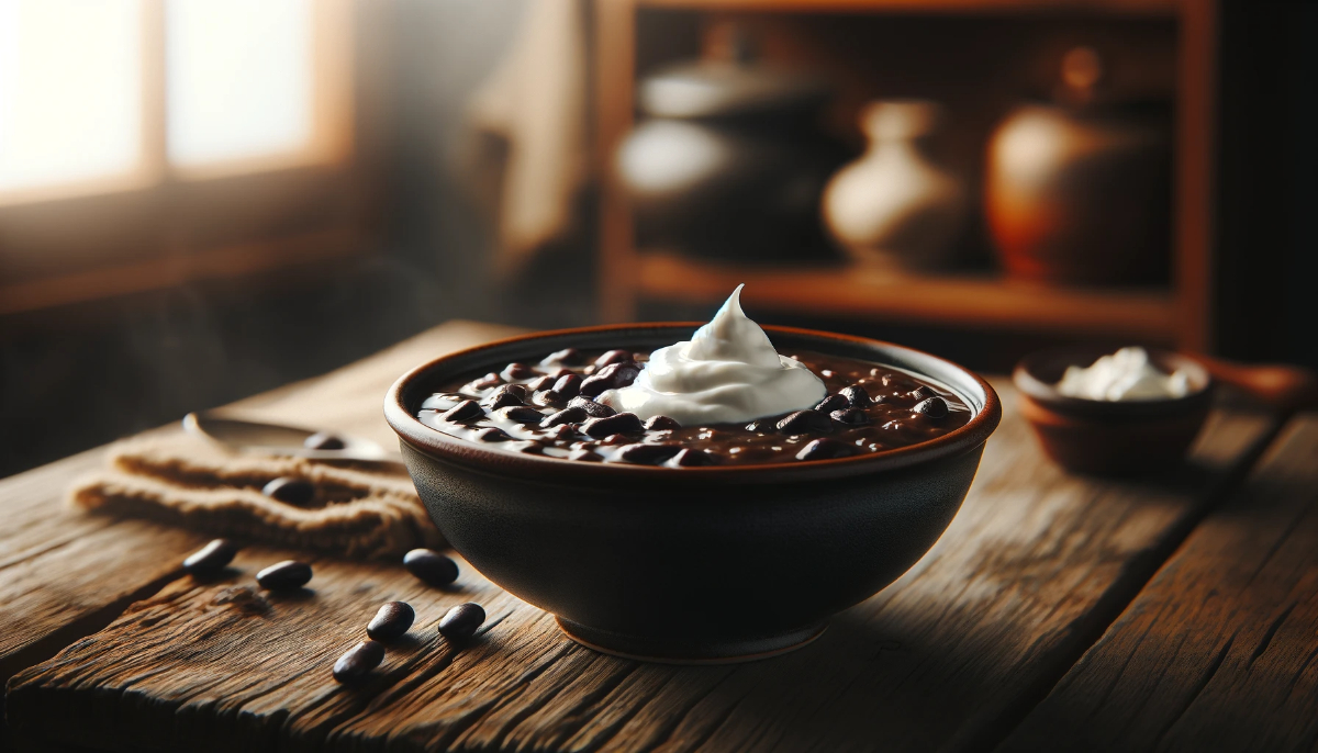 A Photograph Of A Bowl Of Black Bean Soup