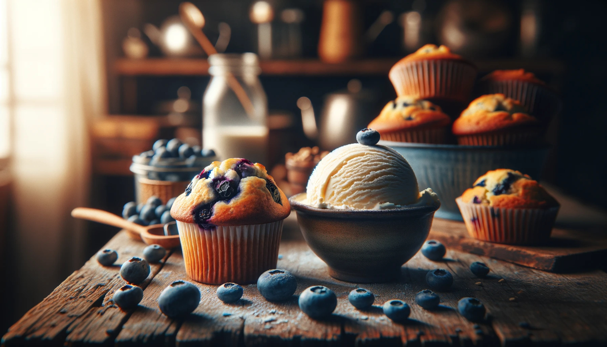 A Photograph Of Processed Foods Such As Blueberry Muffins And Ice Cream