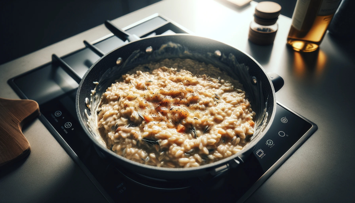A Pan On A Stovetop With Some Leftover Risotto In It