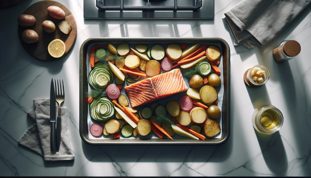 A Sheet Pan Meal Of A Piece Of Salmon And Thinly Sliced Vegetables