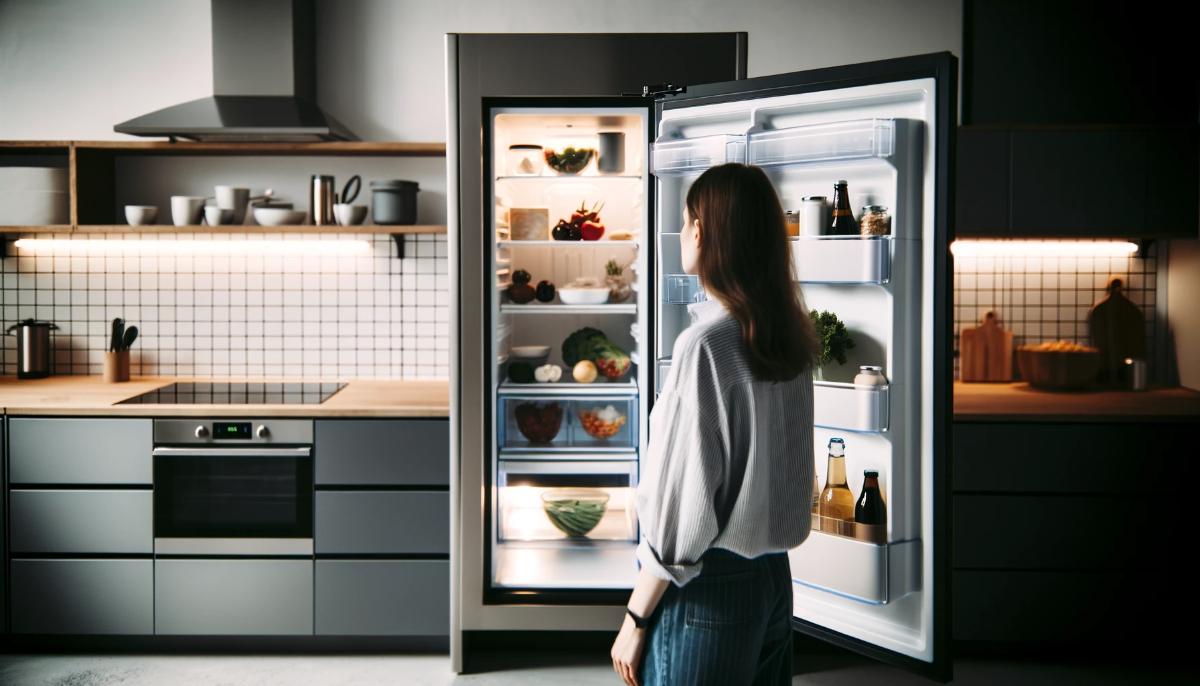 A Woman Standing In Front Of A Half Empty Fridge