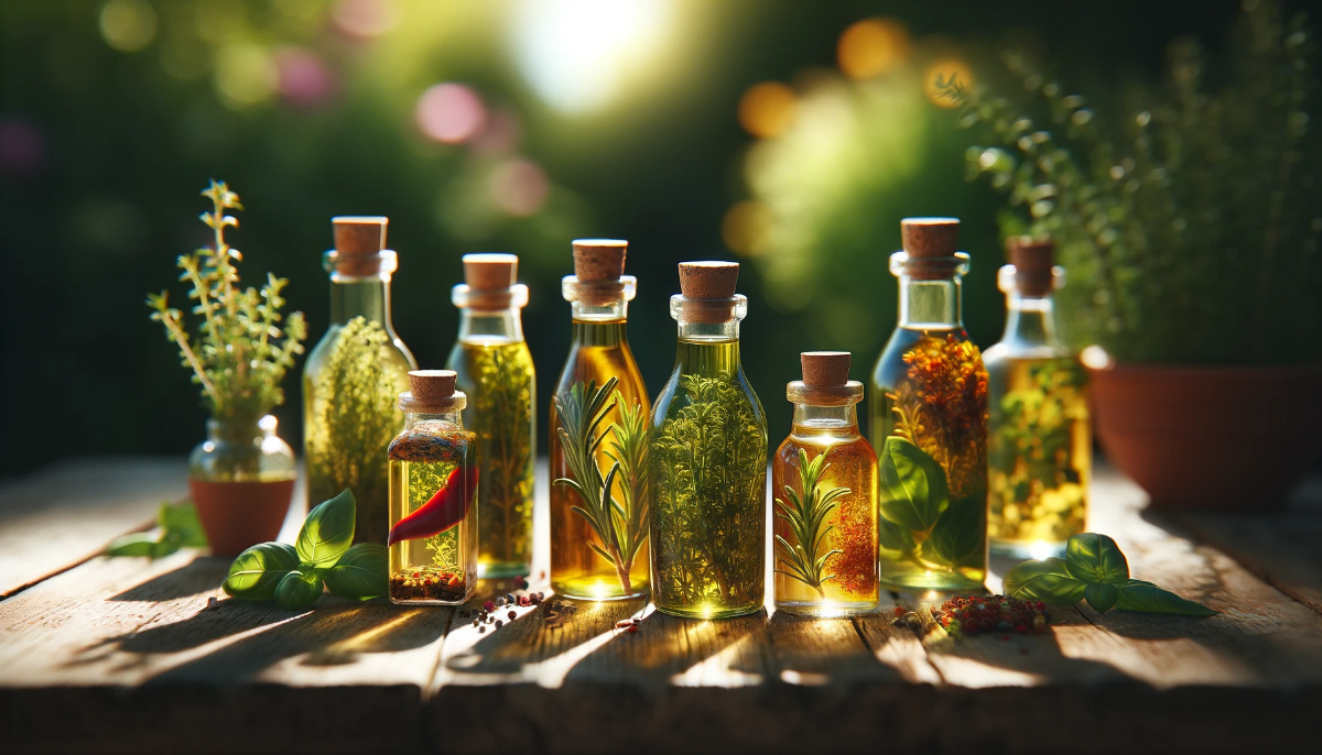 An Assortment Of Herb Infused Oils, Each In A Clear Glass Bottle With A Cork Stopper