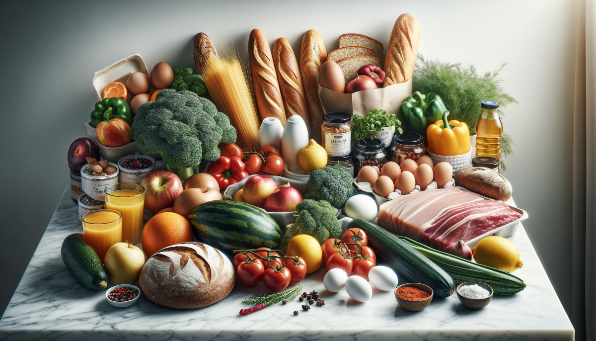 Groceries On A White Marble Countertop