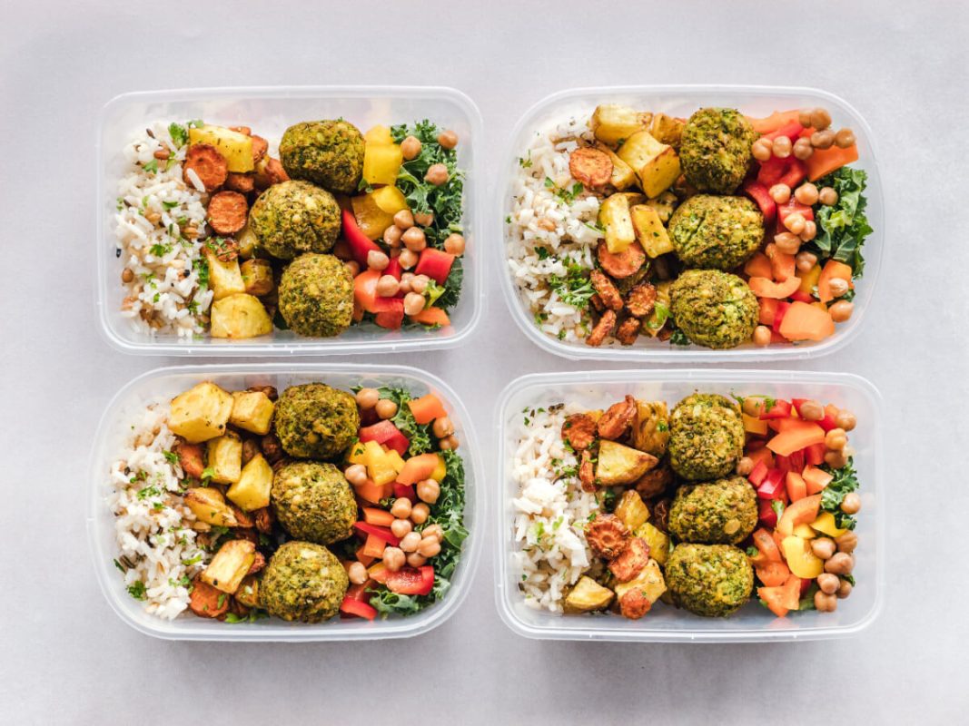 Pre Prepared Meal Boxes With Fresh And Cooked Vegetables, Rice, And Falafels