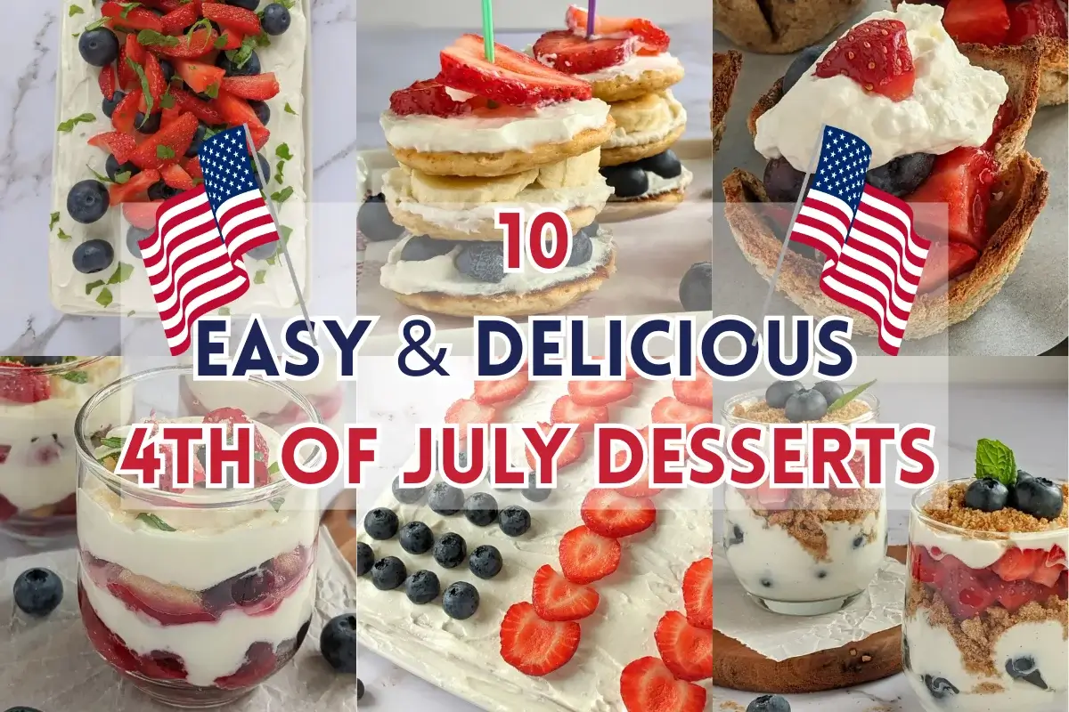Festive 4th of July desserts including layered cakes, berry-topped treats, and patriotic summer sweets.