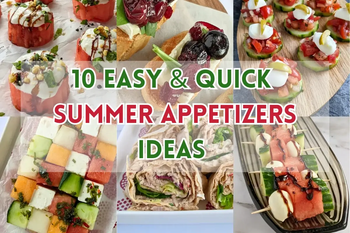 Fresh summer appetizers featuring melon skewers, feta dip, cucumber bites, and vibrant salads.