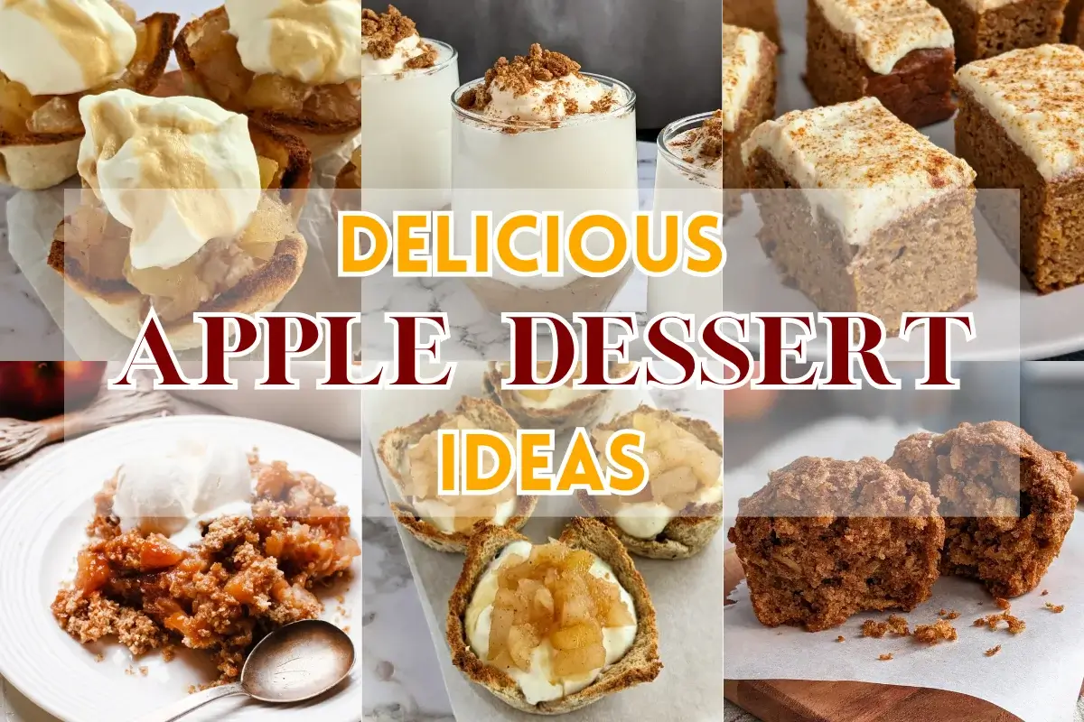 A variety of apple-based desserts including muffins, mousse, and pastries made with fresh apples.