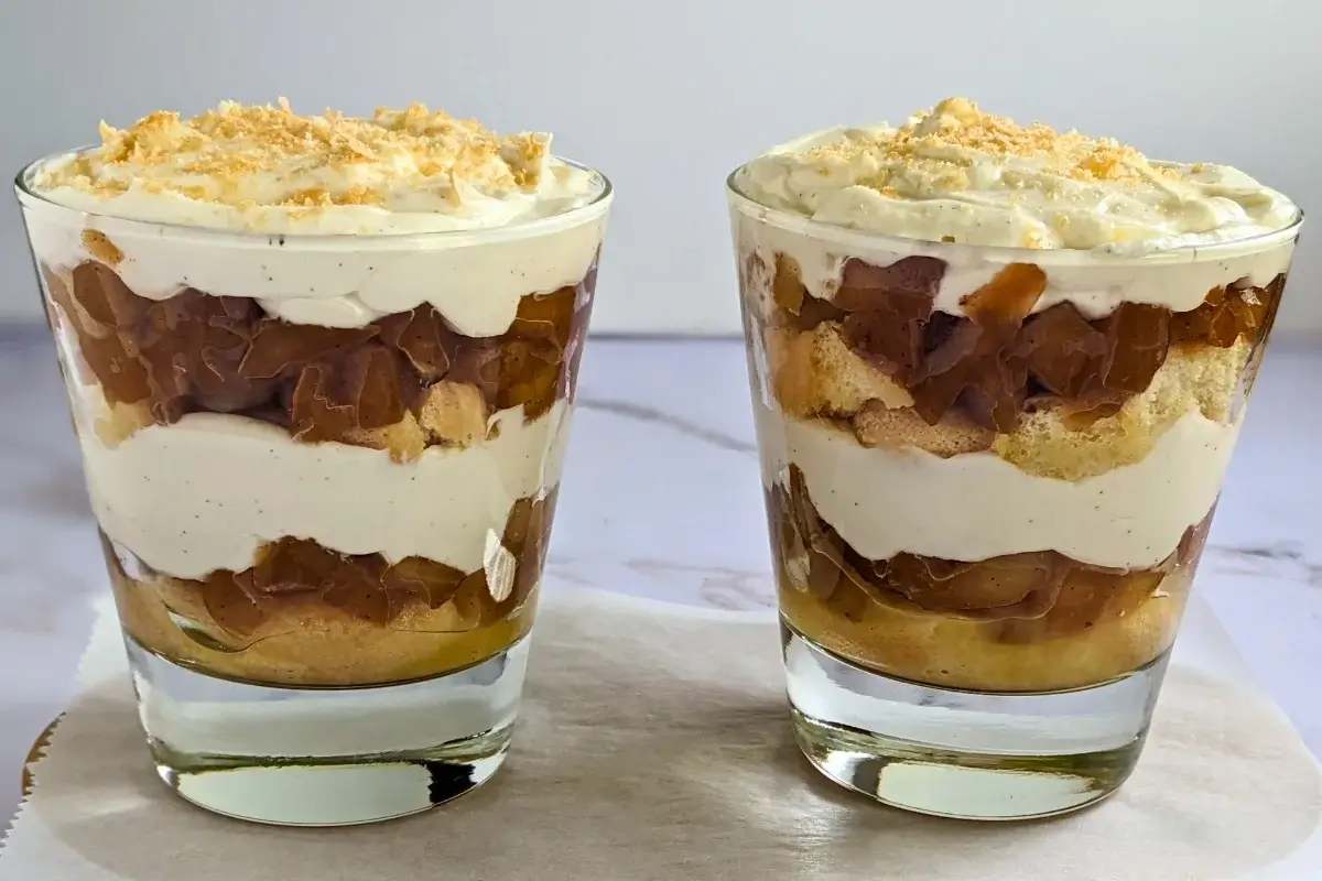 Layered apple tiramisu with creamy mascarpone and Greek yogurt filling.