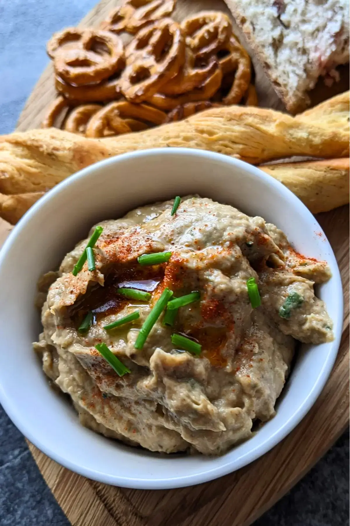 Creamy baba ganoush, a roasted eggplant dip blended with tahini, lemon juice, and garlic.