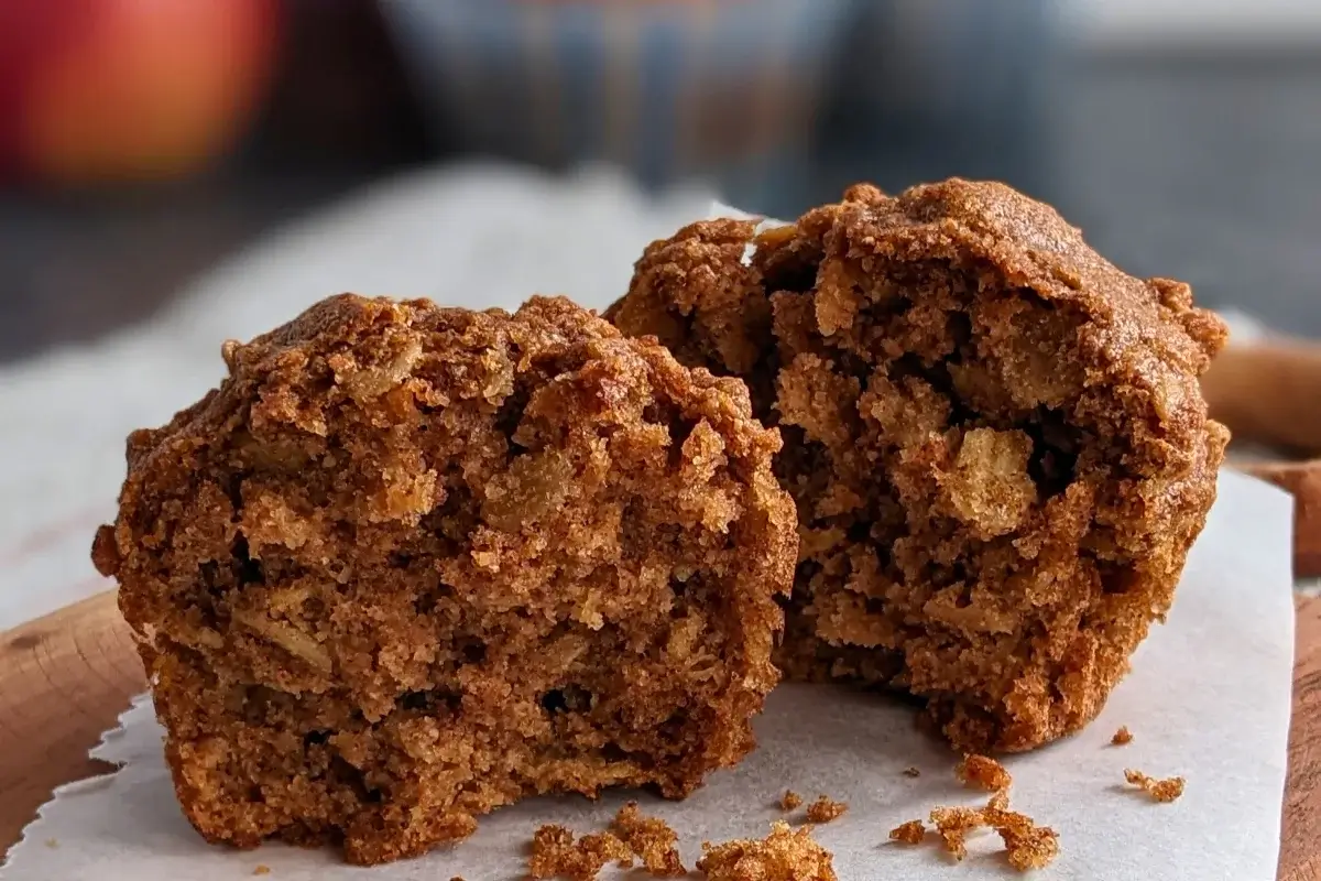 Moist whole wheat muffins with chunks of apple, oats, and a touch of brown sugar.