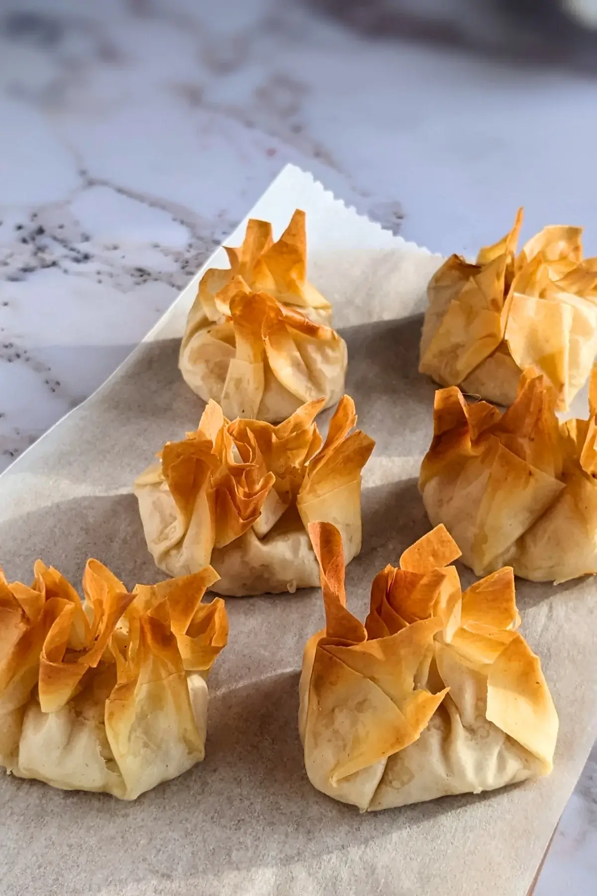 Phyllo pastry parcels filled with creamy ricotta and applesauce, baked until golden and crisp.