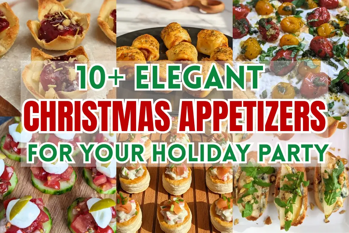 Christmas appetizers roundup post featuring cucumber bites, crostini appetizers, sausage rolls, filled puff pastry shells, and more.