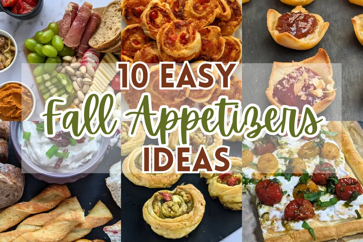 Fall appetizers roundup post featuring pizza pinwheels, cheese and jam appetizers, puff pastry bites, and more.