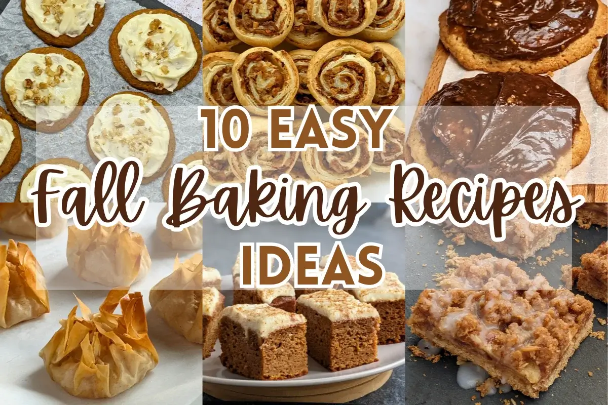 Fall baking recipes roundup post featuring apple pie thumbprint cookies, apple crisp bars, pumpkin bars, and more.