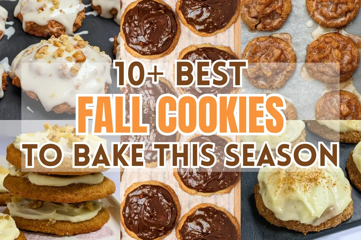 Fall cookies roundup post featuring cookies with applesauce, pumpkin puree, white chocolate dipped meringue biscuits, and more.