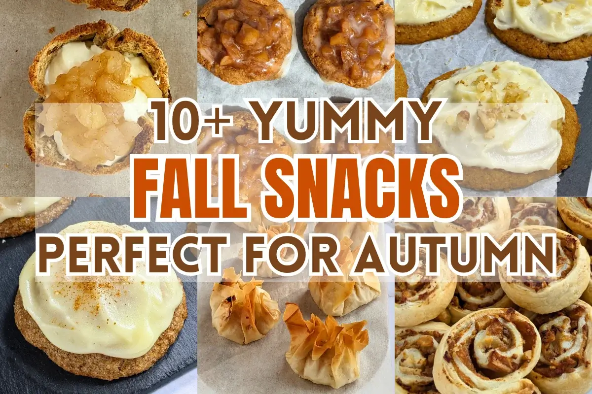 Fall snacks roundup post featuring apple and ricotta phyllo cups, pumpkin sugar cookies, apple pie thumbprint cookies, ricotta filled toast cups topped with homemade applesauce, and more.