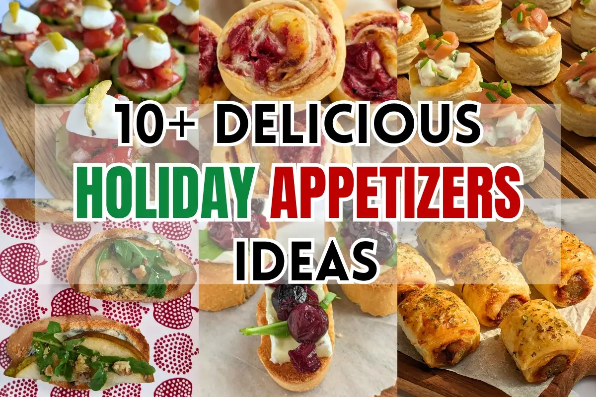 Holiday appetizers roundup post featuring cucumber bites, puff pastry appetizers, feta dips, sweet and savory pinwheels, and more.