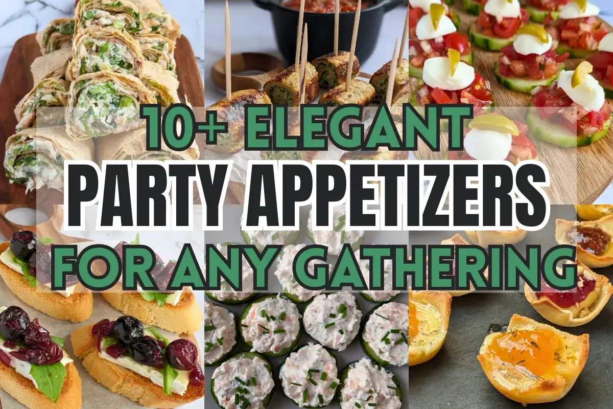 Party appetizers roundup post featuring pizza pinwheels, cheese and jam appetizers, puff pastry bites, and more.