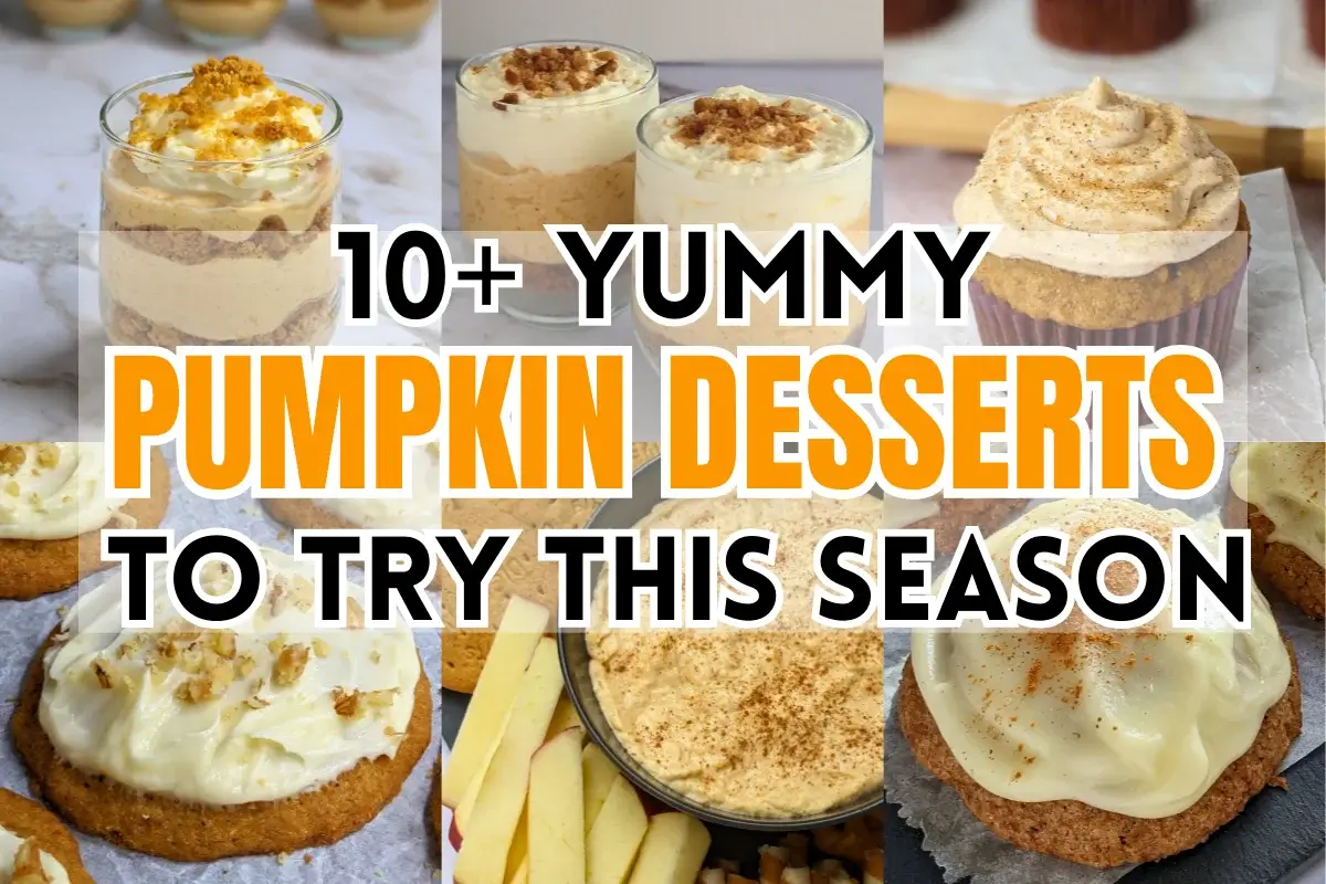 Pumpkin desserts roundup post featuring cheesecake mousse cups, cream cheese frosted cookies, cupcakes, parfait desserts, and more.
