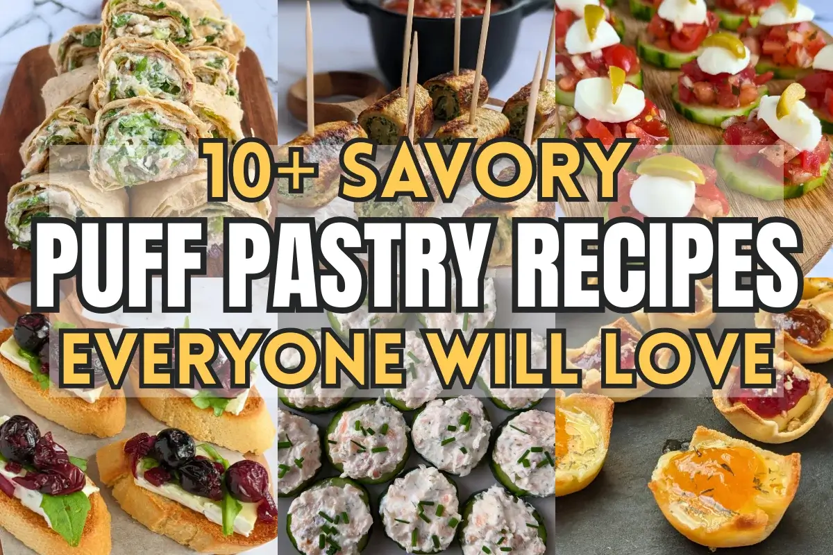 Savory puff pastry recipes roundup post featuring pizza pinwheels, cranberry brie appetizer bites, burrata and cherry tomato tarts, and more.
