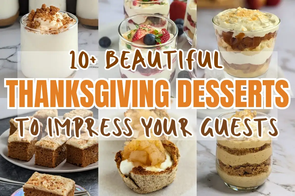 Thanksgiving desserts roundup post featuring pumpkin cheesecake mousse cups, cinnamon apple rice puddings, cream cheese frosted applesauce cookies, pumpkin cupcakes and parfait desserts, and more.